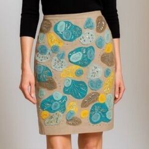 Lafayette 148 New York Embroidered Pencil Skirt - Blue, Yellow, Tan